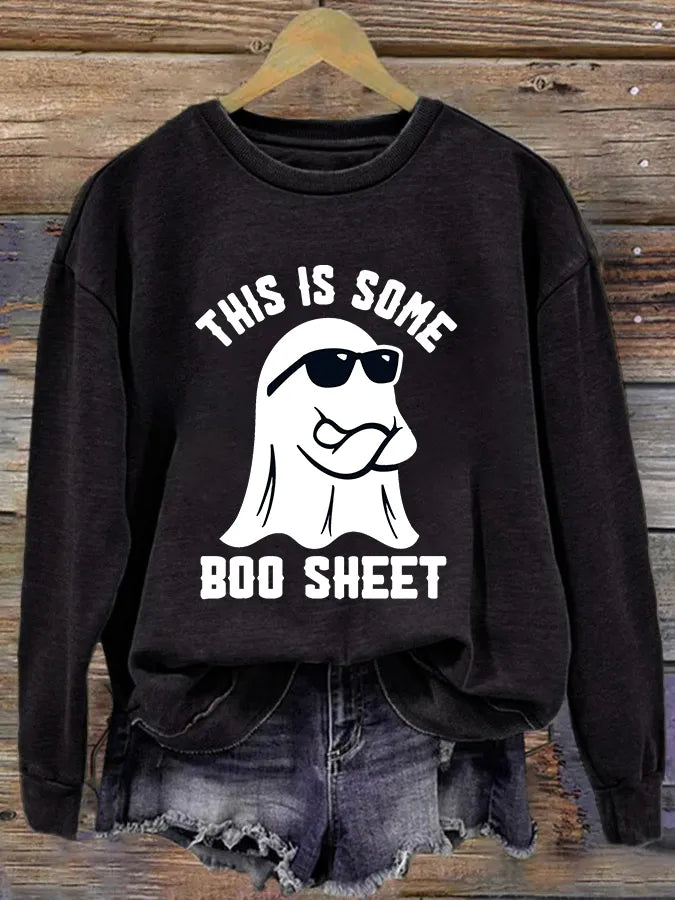 Women's Halloween This Is Some Boo Sheet Printed Crew Neck Long Sleeve Sweatshirt